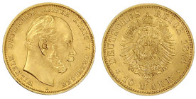 Reichsgoldmünzen

Preußen

Wilhelm I., 1861-1888

10 Mark 1874 A. prägefrisch/fast Stempelglanz. Jaeger 245.