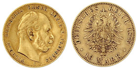 Reichsgoldmünzen

Preußen

Wilhelm I., 1861-1888

10 Mark 1875 C. sehr schön, leicht gebogen. Jaeger 245.