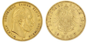 Reichsgoldmünzen

Preußen

Wilhelm I., 1861-1888

10 Mark 1879 A. vorzüglich. Jaeger 245.