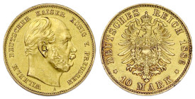Reichsgoldmünzen

Preußen

Wilhelm I., 1861-1888

10 Mark 1886 A. Broschierspur, kl. Randfehler, sonst vorzüglich, sehr selten. Jaeger 245.
