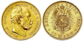 Reichsgoldmünzen

Preußen

Wilhelm I., 1861-1888

10 Mark 1888 A. Dreikaiserjahr. fast Stempelglanz. Jaeger 245.