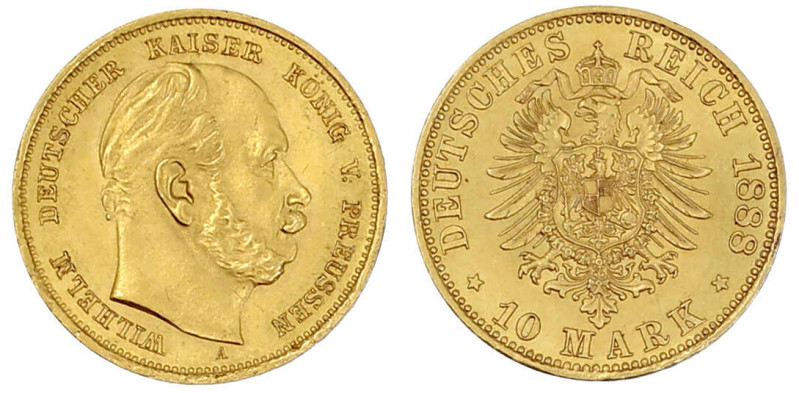 Reichsgoldmünzen

Preußen

Wilhelm I., 1861-1888

10 Mark 1888 A. Dreikais...