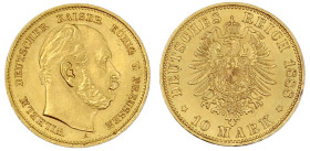 Reichsgoldmünzen

Preußen

Wilhelm I., 1861-1888

10 Mark 1888 A. Dreikaiserjahr. Stempelglanz, Prachtexemplar. Jaeger 245.