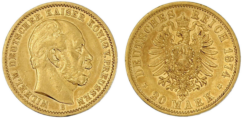 Reichsgoldmünzen

Preußen

Wilhelm I., 1861-1888

20 Mark 1874 B. fast vor...