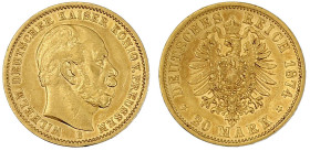 Reichsgoldmünzen

Preußen

Wilhelm I., 1861-1888

20 Mark 1874 B. fast vorzüglich. Jaeger 246.