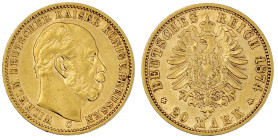 Reichsgoldmünzen

Preußen

Wilhelm I., 1861-1888

20 Mark 1874 C. vorzüglich, selten. Jaeger 246.