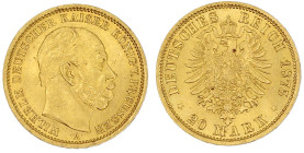 Reichsgoldmünzen

Preußen

Wilhelm I., 1861-1888

20 Mark 1875 A. fast Stempelglanz, Prachtexemplar. Jaeger 246.