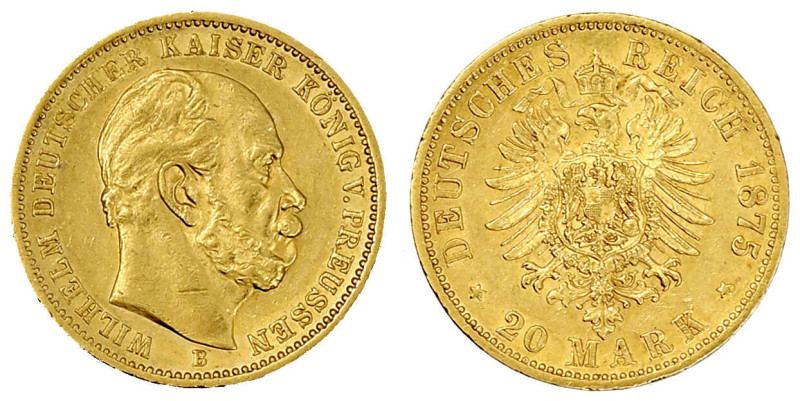 Reichsgoldmünzen

Preußen

Wilhelm I., 1861-1888

20 Mark 1875 B. vorzügli...