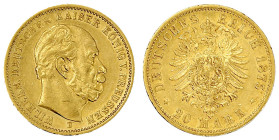 Reichsgoldmünzen

Preußen

Wilhelm I., 1861-1888

20 Mark 1875 B. vorzüglich, winz. Kratzer. Jaeger 246.