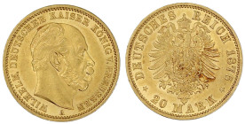 Reichsgoldmünzen

Preußen

Wilhelm I., 1861-1888

20 Mark 1876 A. fast Stempelglanz, Prachtexemplar. Jaeger 246.