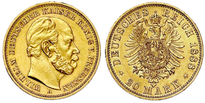 Reichsgoldmünzen

Preußen

Wilhelm I., 1861-1888

20 Mark 1888 A. Dreikais...