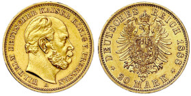 Reichsgoldmünzen

Preußen

Wilhelm I., 1861-1888

20 Mark 1888 A. Dreikaiserjahr. vorzüglich, kl. Randfehler und min. berieben. Jaeger 246.