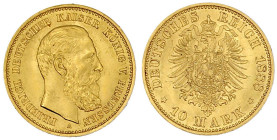 Reichsgoldmünzen

Preußen

Friedrich III., 1888

10 Mark 1888 A. fast Stempelglanz, Prachtexemplar. Jaeger 247.