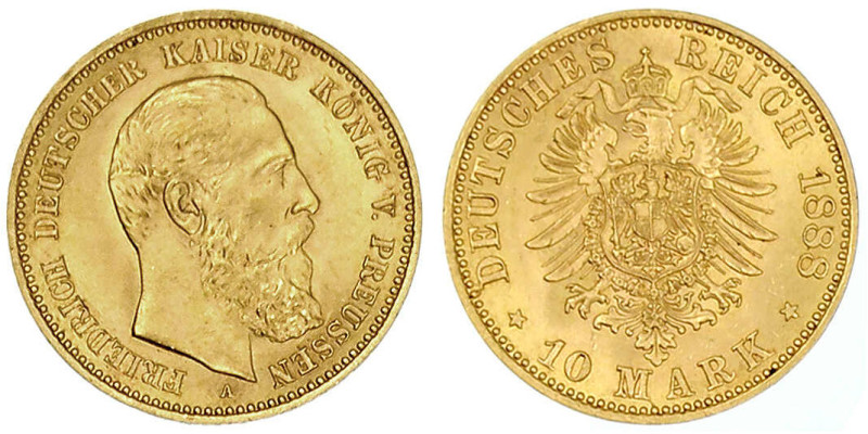 Reichsgoldmünzen

Preußen

Friedrich III., 1888

10 Mark 1888 A. vorzüglic...