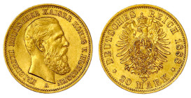 Reichsgoldmünzen

Preußen

Friedrich III., 1888

20 Mark 1888 A. vorzüglich/Stempelglanz. Jaeger 248.