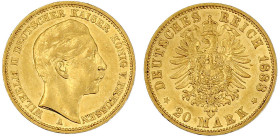 Reichsgoldmünzen

Preußen

Wilhelm II., 1888-1918

20 Mark 1888 A. Dreikaiserjahr. sehr schön/vorzüglich. Jaeger 250.