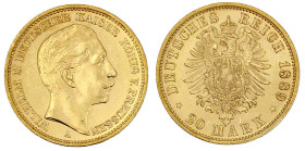 Reichsgoldmünzen

Preußen

Wilhelm II., 1888-1918

20 Mark 1889 A. vorzüglich/Stempelglanz aus Erstabschlag. Jaeger 250.