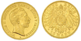 Reichsgoldmünzen

Preußen

Wilhelm II., 1888-1918

10 Mark 1897 A. Besseres Jahr. vorzüglich/Stempelglanz aus Polierte Platte, kl. Randfehler. J...
