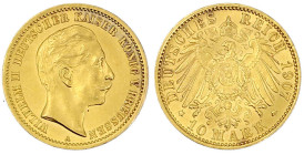 Reichsgoldmünzen

Preußen

Wilhelm II., 1888-1918

10 Mark 1907 A. fast Stempelglanz. Jaeger 251.