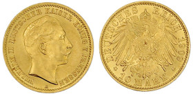 Reichsgoldmünzen

Preußen

Wilhelm II., 1888-1918

10 Mark 1909 A. fast Stempelglanz. Jaeger 251.
