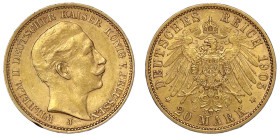 Reichsgoldmünzen

Preußen

Wilhelm II., 1888-1918

20 Mark 1905 J. Hamburg. vorzüglich, kl. Randfehler. Jaeger 252.
