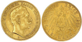 Reichsgoldmünzen

Preußen

Wilhelm II., 1888-1918

20 Mark 1908 A. Verprägung: das erste E von DEUTSCHES fehlt nahezu. vorzüglich. Jaeger 252....