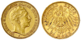 Reichsgoldmünzen

Preußen

Wilhelm II., 1888-1918

20 Mark 1909 J. Hamburg. sehr schön/vorzüglich. Jaeger 252.