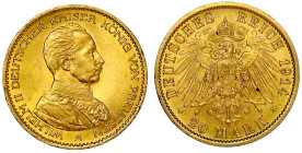 Reichsgoldmünzen

Preußen

Wilhelm II., 1888-1918

20 Mark 1914 A. Kaiser in Uniform. vorzüglich/Stempelglanz. Jaeger 253.