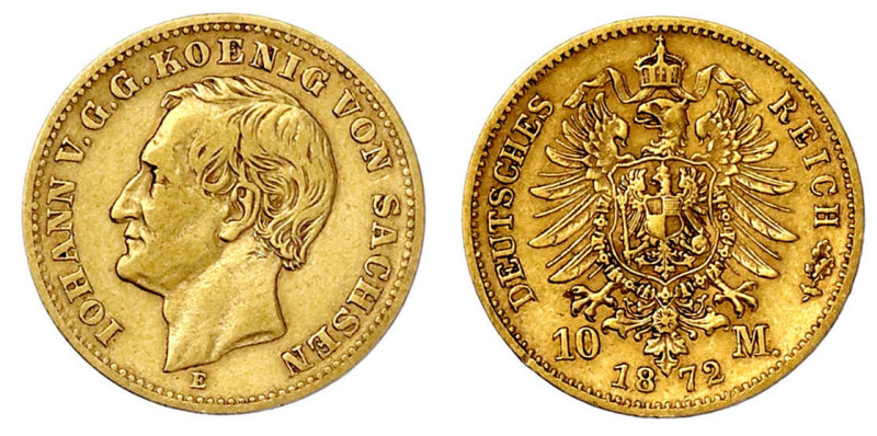 Reichsgoldmünzen

Sachsen

Johann, 1854-1873

10 Mark 1872 E. sehr schön. ...