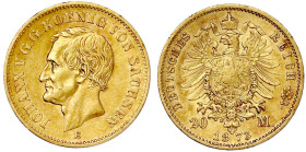 Reichsgoldmünzen

Sachsen

Johann, 1854-1873

20 Mark 1873 E. sehr schön/vorzüglich, kl. Randfehler. Jaeger 259.