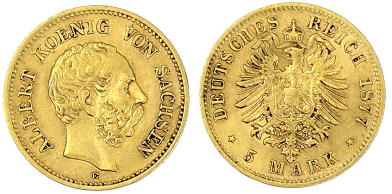 Reichsgoldmünzen

Sachsen

Albert, 1873-1902

5 Mark 1877 E. gutes vorzügl...