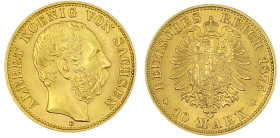 Reichsgoldmünzen

Sachsen

Albert, 1873-1902

10 Mark 1875 E. fast Stempelglanz, Prachtexemplar. Jaeger 261.