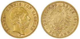 Reichsgoldmünzen

Sachsen

Albert, 1873-1902

20 Mark 1876 E. sehr schön/vorzüglich. Jaeger 262.