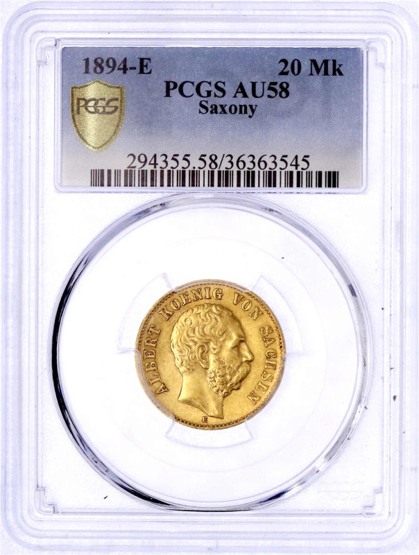 Reichsgoldmünzen

Sachsen

Albert, 1873-1902

20 Mark 1894 E. Im PCGS-Blis...
