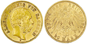 Reichsgoldmünzen

Sachsen

Albert, 1873-1902

20 Mark 1894 E. vorzüglich, kl. Randfehler. Jaeger 264.