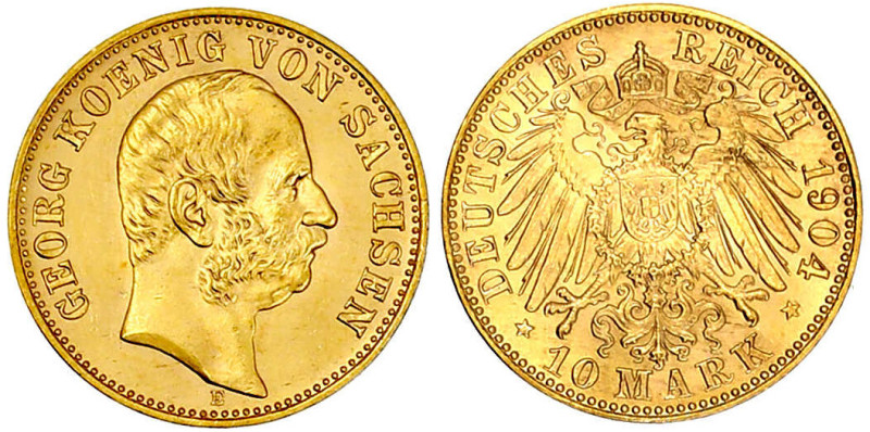 Reichsgoldmünzen

Sachsen

Georg, 1902-1904

10 Mark 1904 E. fast Stempelg...