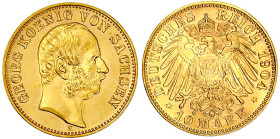 Reichsgoldmünzen

Sachsen

Georg, 1902-1904

10 Mark 1904 E. fast Stempelglanz, Prachtexemplar. Jaeger 265.