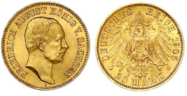 Reichsgoldmünzen

Sachsen

Friedrich August III., 1904-1918

20 Mark 1905 E. fast Stempelglanz, min. prägebed. Randunebenheiten. Jaeger 268.