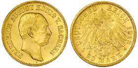 Reichsgoldmünzen

Sachsen

Friedrich August III., 1904-1918

20 Mark 1913 E. fast Stempelglanz. Jaeger 268.