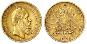 Reichsgoldmünzen

Württemberg

Karl, 1864-1891

20 Mark 1873 F. gutes sehr schön. Jaeger 290.