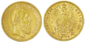 Reichsgoldmünzen

Württemberg

Karl, 1864-1891

20 Mark 1873 F. sehr schön/vorzüglich. Jaeger 290.