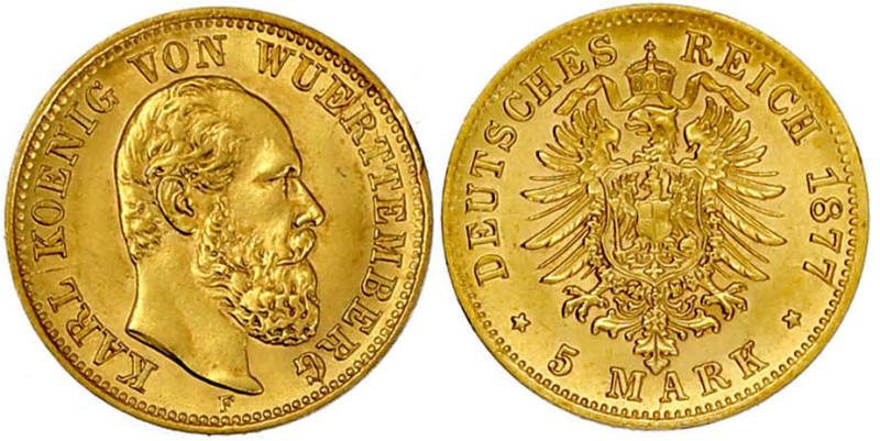 Reichsgoldmünzen

Württemberg

Karl, 1864-1891

5 Mark 1877 F. vorzüglich/...