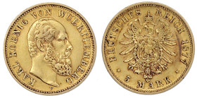 Reichsgoldmünzen

Württemberg

Karl, 1864-1891

5 Mark 1877 F. gutes vorzüglich. Jaeger 291.