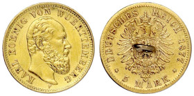 Reichsgoldmünzen

Württemberg

Karl, 1864-1891

5 Mark 1877 F. 2,04 g. sehr schön, beschädigte Broschierung. Jaeger 291.