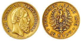 Reichsgoldmünzen

Württemberg

Karl, 1864-1891

10 Mark 1876 F. sehr schön. Jaeger 292.