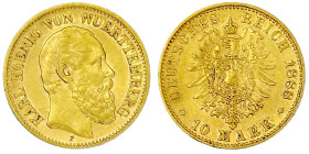 Reichsgoldmünzen

Württemberg

Karl, 1864-1891

10 Mark 1888 F. vorzüglich, min. Randfehler. Jaeger 292.