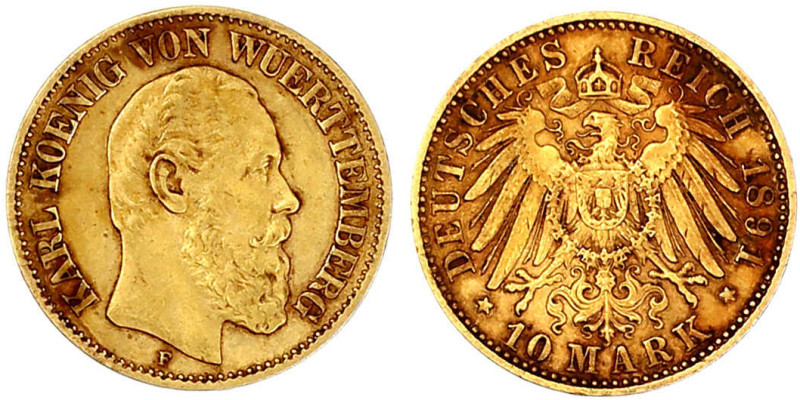 Reichsgoldmünzen

Württemberg

Karl, 1864-1891

10 Mark 1891 F. sehr schön...