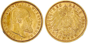 Reichsgoldmünzen

Württemberg

Wilhelm II., 1891-1918

10 Mark 1898 F. gutes vorzüglich. Jaeger 295.