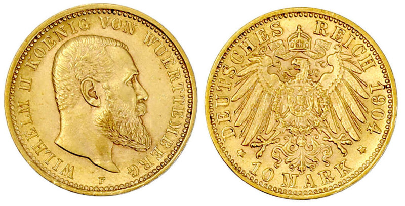 Reichsgoldmünzen

Württemberg

Wilhelm II., 1891-1918

10 Mark 1904 F. vor...