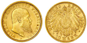 Reichsgoldmünzen

Württemberg

Wilhelm II., 1891-1918

10 Mark 1905 F. vorzüglich/Stempelglanz. Jaeger 295.
